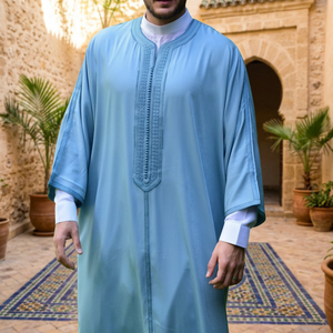 AL HIJRAH ABAYAS Thobe pour homme à manches longues, en lin, anti-plis, avec broderie marocaine haut de gamme faite à la main, vêtement musulman traditionnel - Product Image 3