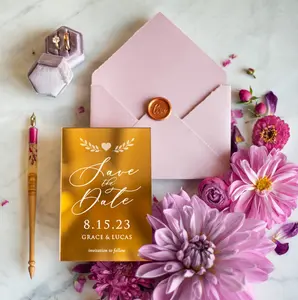 Cartão de acrílico espelhado ouro personalizado, design livre, casamento, salvar a data, cartão com envelope rosa