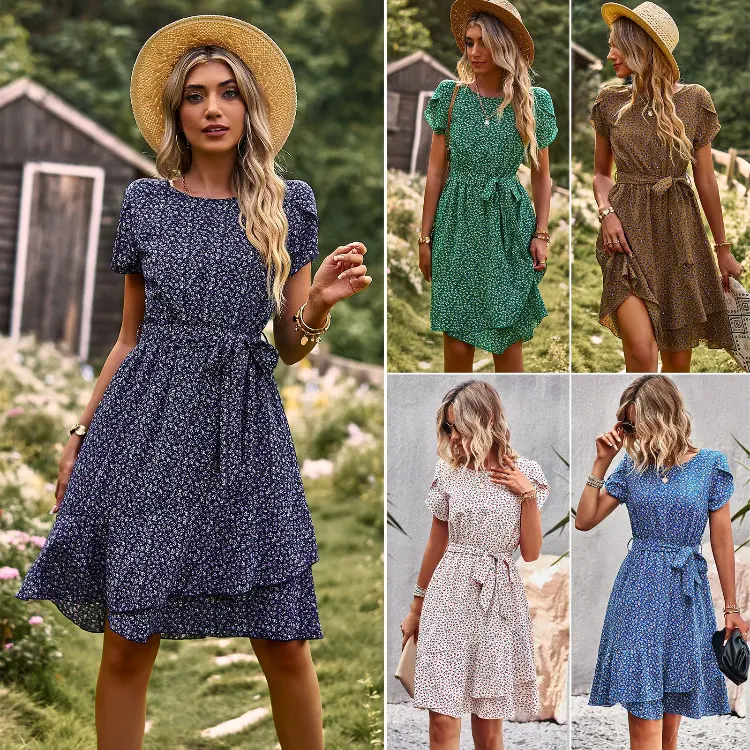 Neujahr Sommer Damenbekleidung O-Ausschnitt eleganter Druck Sommer lässiges bohemianisches Kleid Großhandel