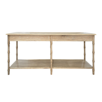 Table console longue de style vintage antique HL615-200 en bois de chêne massif avec pieds en bambou, étagères de rangement et tiroirs