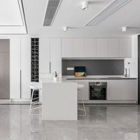 Cuisine Moderne Modulaire Sur Mesure Laquée Mate Couleur Sombre avec Plan de Travail en Marbre, Évier, Robinet et Îlot Suspendu