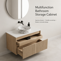 Kabinet Vanity Kamar Mandi Modern yang Dipasang di Dinding, Bagian Depan Berpola Serat Kayu, Dua Laci, Kompatibel dengan Wastafel Vessel, Proyek OEM Kustom