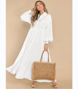 Abito <span class=keywords><strong>lungo</strong></span> da donna casual estivo in lino 100% tinta unita con scollo <span class=keywords><strong>a</strong></span> V, <span class=keywords><strong>maniche</strong></span> lunghe, stile bohémien e cintura naturale - Product Image 2