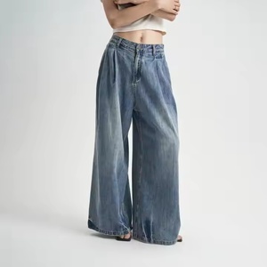 Women's Casual Wide High Waist Flare Pants Single Button Branded Colored <b>Denim</b> Breathable Solid Pockets Bow-New Design Wholesale - Product Image 3