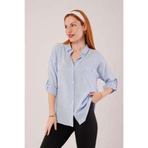 Camisas Casuales al por Mayor para Mujer, Azules, Extra Grandes, con Detalle de Bolsillo a Rayas, Blusas - Product Image 1