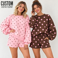 Ensemble de survêtement décontracté deux pièces en coton pour femme, avec sweat-shirt oversize à col montant imprimé à pois tendance et short, style OEM
