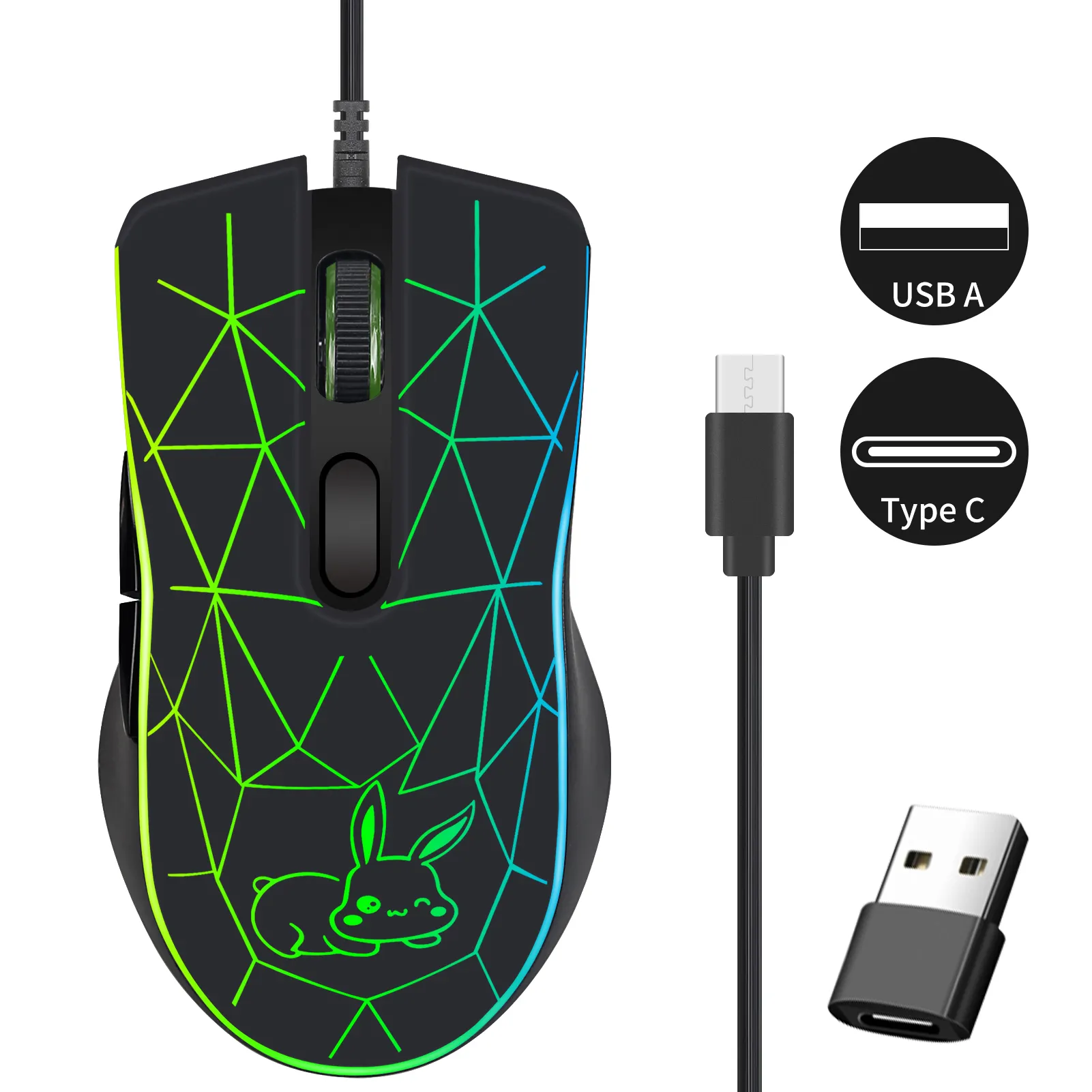 Kinh doanh bán buôn thở đèn USB USB-C chế độ kép 6D có dây chuột chơi game vật liệu ABS chức năng ánh sáng cho PC máy tính xách tay MacBook