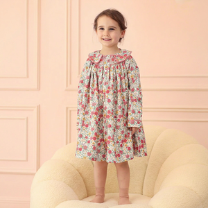 Robe Mini Smocked Décontractée pour Filles, Broderie Florale Imprimée ODM, 100% Coton Écologique, Collection Automne-Hiver, Vente en Gros - Product Image 1