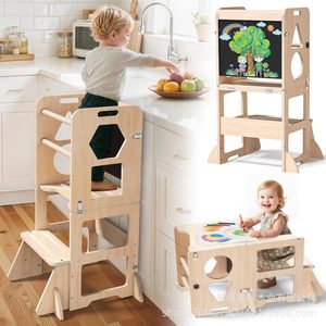 Solid Wood <b>Toddler</b> Kitchen <b>Step</b> <b>Stool</b> With Blackboard Foldable Learning Tower 43x32x88cm Pine Material For Kids - Product Image 1
