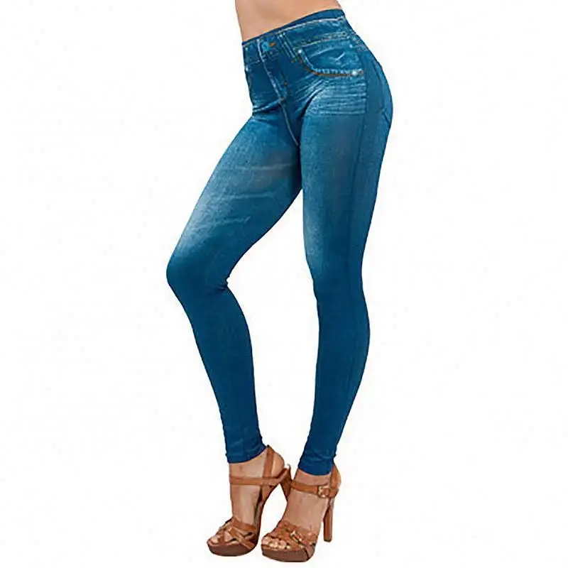 New Women Slim Elastic Waist Lift Hips Printed Pockets High Elastic Long Pants Seamless Imitation Denim Jeans Fleece Leggings