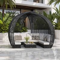 Canapé-lit d'extérieur en rotin tressé de luxe personnalisé toutes saisons, style moderne, pour jardin, villa, patio, ou dôme en osier.