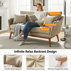 Canapé 2 places en tissu de lin de style mid-century, rembourrage en tissu de lin, canapé avec cadre en bois de caoutchouc massif, mini-canapé pour chambre à coucher - Product Image 5