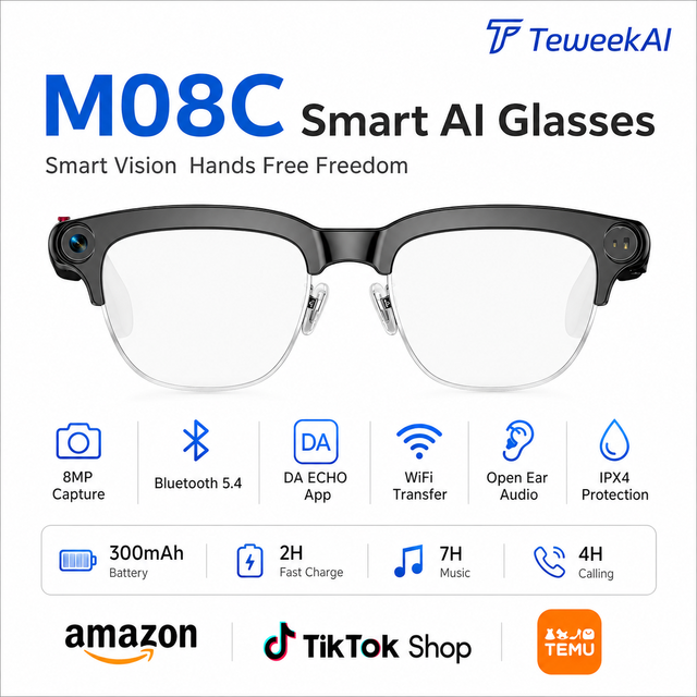 M08C Smart AI Wearable Glasses 8MP Camera 1080P Video Recorder  WiFi Transfer Touch Control Outdoor Tool