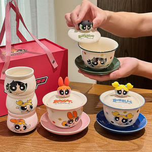 Powerpuff Girls Ceramic Gaiwan Set With Lid Green Pink Blue Durable Promotional Drinkware Summer 2025 - Product Image 1