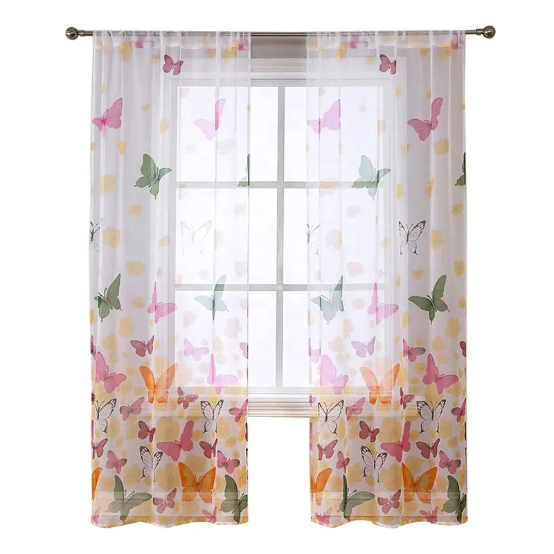Butterfly Voile Curtain Colorful Butterflies Print Window Door Rod Pocket Sheer Curtains for Kids Room Bedroom Living Room