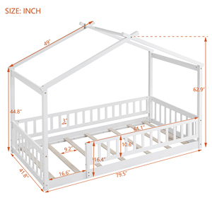 Twin Size Wood House <b>Bed</b> <b>Frame</b> <b>With</b> Fence White For Kids Teens Girls Boys - Product Image 4