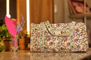 Multicolor Floral Hand <b>Block</b> Printed Cotton Duffle Bag Lightweight Travel Tote Women Handmade Durable Large Capacity - Product Image 2