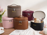 Boîte à maquillage personnalisée avec logo laser, en cuir PU, avec séparateur amovible, sac cosmétique rond, organiseur de toilette de voyage, sac à main pour femmes