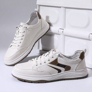 Papai – Baskets basses en cuir véritable pour homme, semelle épaisse de 30 mm, amortie, avec impression cuir et semelle en caoutchouc, chaussures de loisirs blanches - Product Image 4