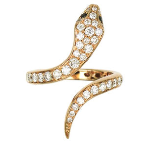 18K Rose Gold Diamond Pave Coiled Snake Open <b>Ring</b> With <b>Black</b> Diamond Eye Accents Luxury Statement Jewelry For <b>Women</b> - Product Image 1
