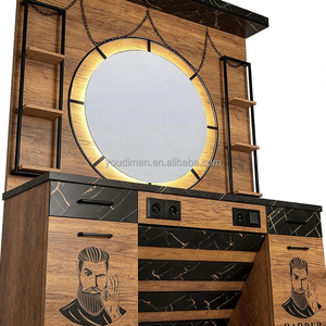 Station de coiffure avec miroir pour salon de barbier, coiffeuse avec rangement, dessus en marbre, tiroirs et éclairage pour salon de beauté - Product Image 5