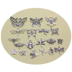 Borboleta artificial para decoração diy, liga de metal, abelha, dragonfly, prata banhada, 19 peças para colar, joias, busca de joias