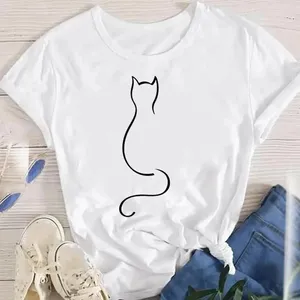 Women Lady Oversized T-shirt Tees Female Korean Fashion Summer Short Sleeve Cartoon Print Graphic Clothes Tops Cute Cat Animal