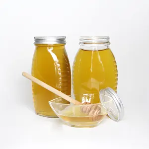 批发16盎司Queenline瓶玻璃1LB经典蜜蜂蜂蜜包装罐，48毫米宽塑料盖