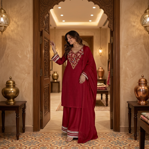 Stitched Chanderi Cotton Blend <b>Kurta</b> Pant Suit with Zari Border Dupatta Elegant Indian Designer Ethnic Wear Wedding Festive - Product Image 4