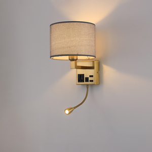 Lampada da <span class=keywords><strong>Parete</strong></span> Moderna a <span class=keywords><strong>LED</strong></span> per Lettura con Interruttore, Applique in Tessuto per Comodino Hotel, Corpo in Rame e Ferro con Finitura Dorata, Porta di Ricarica, Faretto - Product Image 2