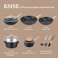 Grosir 12 PCS Set Panci Masak Dapur Granit Warna Putih dan Hitam Anti Lengket dengan Gagang Kayu