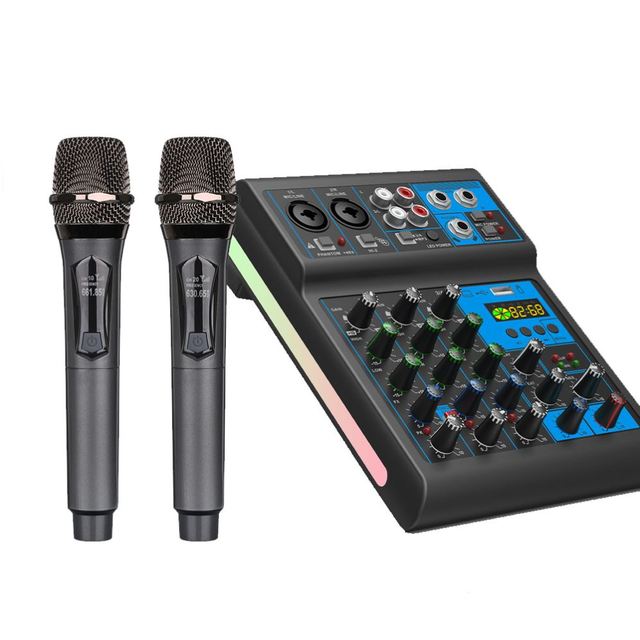 NEW 4 Channels RGB Audio Mixer with 2 Channel Wireless Microphone for Live Streaming Studio Recording Equipment Blue -Tooth