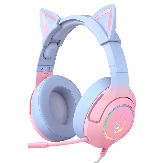 Professional RGB USB 7.1 Virtual LED Gaming Wired Headset Pink Blue Cat Ears Design Luxury Microphone for Girls for DJ Sports