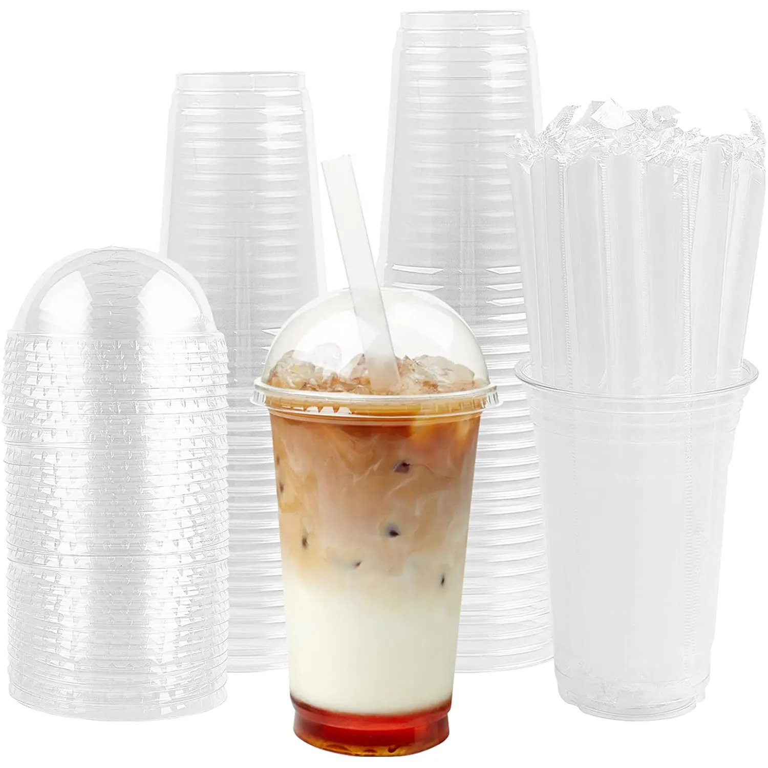 20 Unzen durchsichtige Plastik becher mit Kuppel deckeln und Strohhalmen Hoch klare PET-Einweg-Trinkbecher für kalte Getränke Saft becher