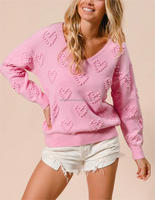 Valentine Mignon Pompon Coeur Tricot Col V Manches Longues Pull Rose Pull Femmes