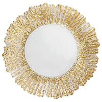 Assiette de présentation en verre transparent avec logo personnalisé OEM, incrustation dorée, 13 pouces, pour restaurant, bar, dîner, fête, mariage, cadeau