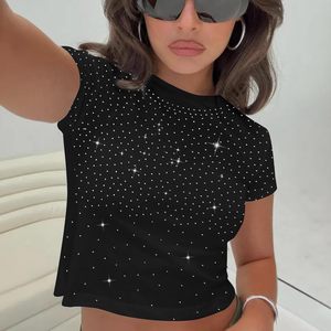 Top Corto con Pedrería para Mujer, Estilo Y2K, Cuello Redondo, Manga Corta, Brillante, Ajustado, para Todas las Temporadas, Tejido Suave - Product Image 4
