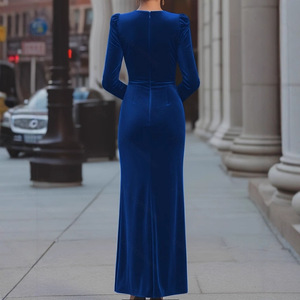 Nuovo Abito in <span class=keywords><strong>Velluto</strong></span> a <span class=keywords><strong>Maniche</strong></span> <span class=keywords><strong>Lunghe</strong></span> con Scollo a V, Colore Unito, con Dettaglio a Nodo in Vita e Spacco, per Commercio Transfrontaliero Europa e Stati Uniti - Product Image 1