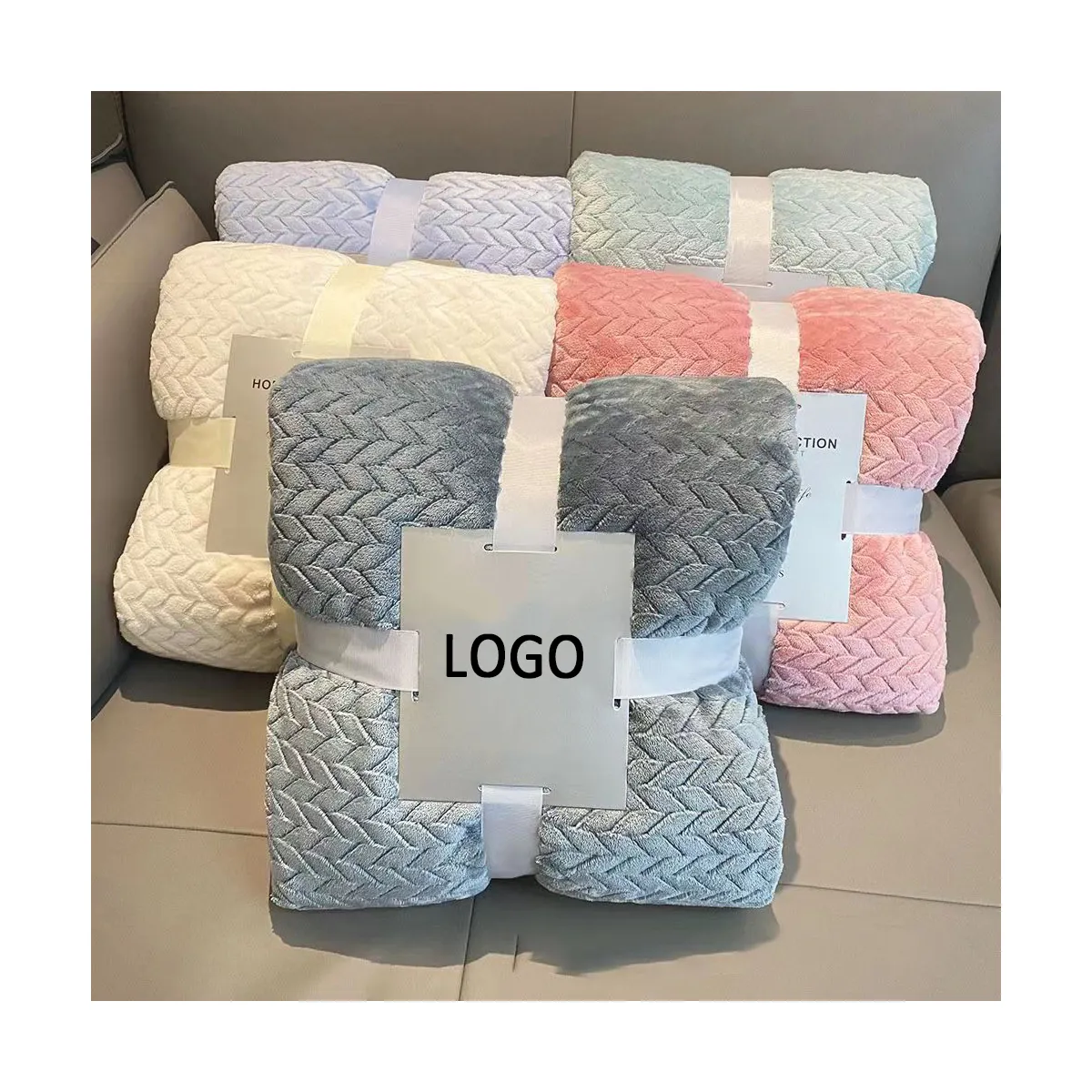 Top Quality Cozy Plain Textured Plush Lightweight One Side Fluffy Custom Flannel Polyester Throw Blankets For Winter