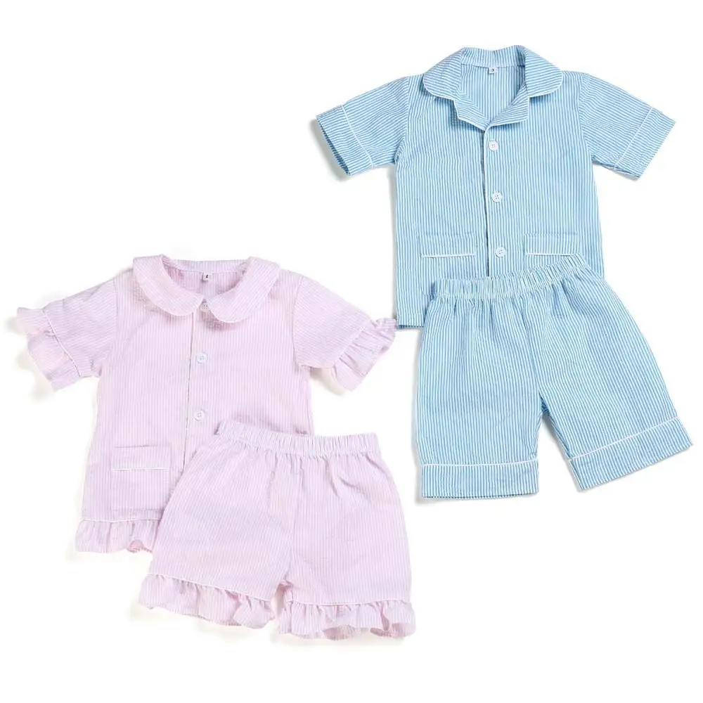 Stok RTS gofre çocuk erkek ve butik kız kıyafetleri iki parçalı fırfır pijama kıyafeti pijama setleri