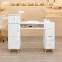 Table de manucure en or blanc, bureau de salon de manucure avec coussin repose-mains, plusieurs tiroirs, armoires, grand rangement, poste de travail pour technicien en ongles