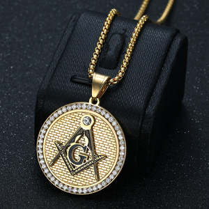 Collar con Colgante <span class=keywords><strong>de</strong></span> Medallón Redondo con Símbolo AG <span class=keywords><strong>de</strong></span> Masón, Joyería Fina para <span class=keywords><strong>Caballero</strong></span> Religioso, Adornado con Pedrería Brillante - Product Image 1