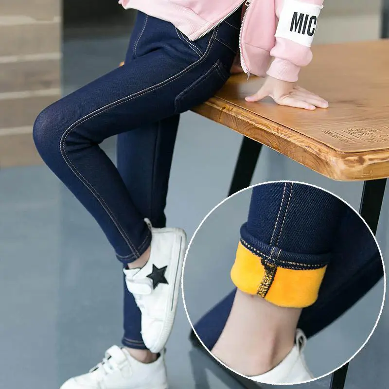 Hot Selling Children's Pants Winter Clothes New Thicker Middle-aged Kids 'jeans Korean Style Stretch And Cashmere-pants Girls