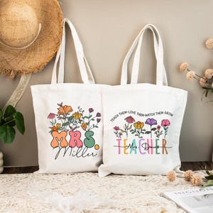 Flower Design Personalized <b>Teacher</b> Appreciation <b>Gift</b> Handbag, Customizable <b>Teacher</b> Name Pattern Canvas <b>Gift</b> Bag - Product Image 2