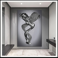 Tableaux sur toile abstraits en maille avec figures humaines argentées, portraits de couple en forme de cœur, pour la décoration contemporaine de chambre, hall d'entrée et réception