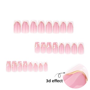 <span class=keywords><strong>Faux</strong></span> <span class=keywords><strong>ongles</strong></span> carrés à presser, rose, style French manucure avec ligne dorée et fleur blanche, pour femmes - Product Image 2