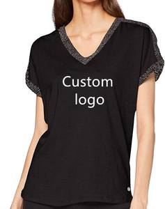 Logo personnalisé en coton vierge uni doux léger décontracté col en V coupe ajustée T-Shirt pour femmes - Product Image 2