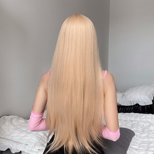 Peluca de pelo sintético liso <span class=keywords><strong>Rubio</strong></span> de 28 pulgadas con flequillo, simulación de cuero cabelludo, resistente al calor, peluca de Cosplay para fiesta para mujeres jóvenes - Product Image 4