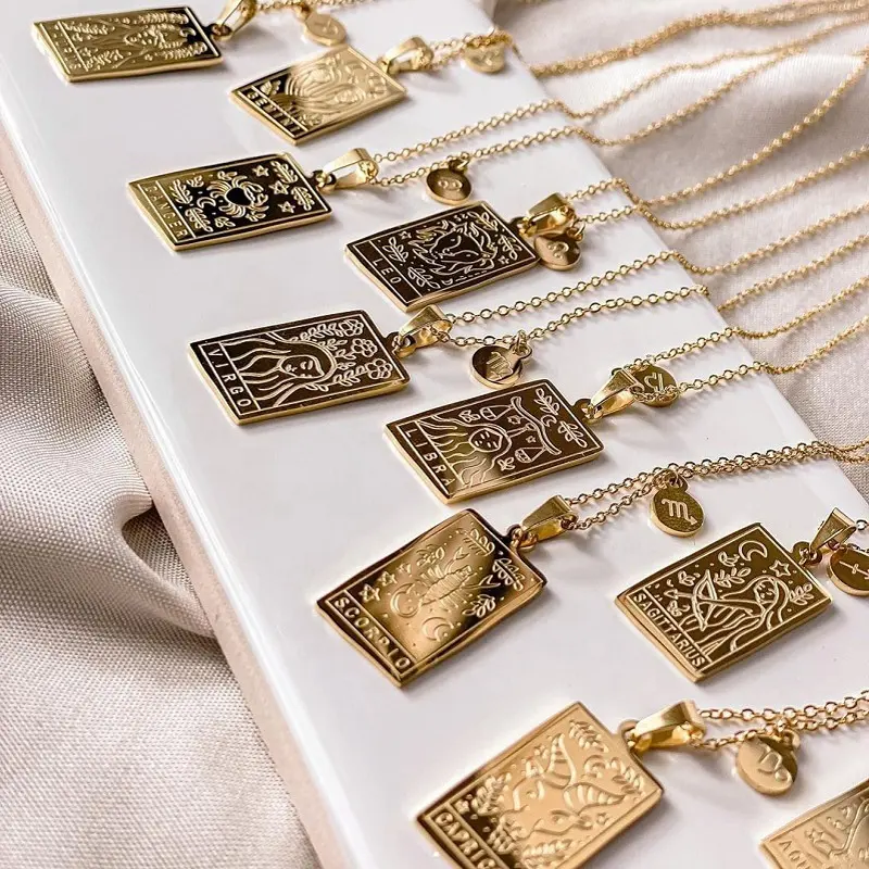 Mecylife Gepersonaliseerde Vierkante Tarotkaart Ketting Zodiac Teken Ketting 18K Goud Niet Aantasten Sieraden Vrouwen Horoscoop Ketting