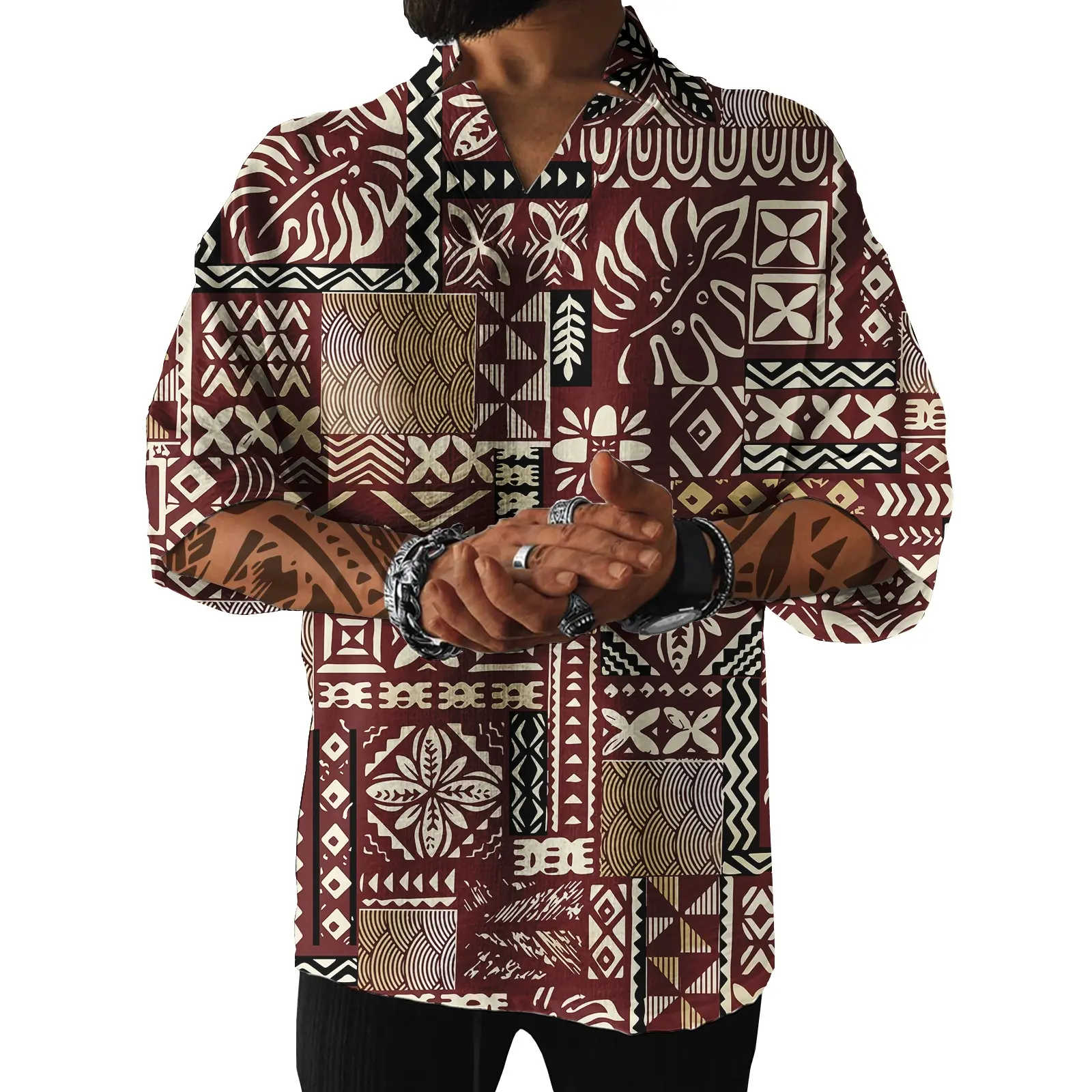 Großhandel Polynesian Tribal Pattern Casual T-Shirt Design Voll druck Sublimation Tapa Vintage Custom Herren T-Shirt Tops